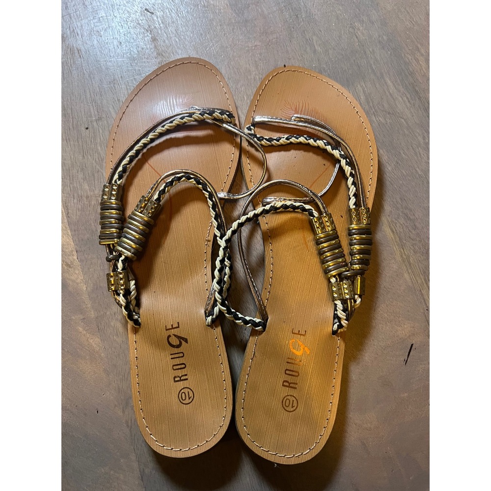 Rouge Womens Sandals Braided Metallic Beaded Straps Tan Black 10